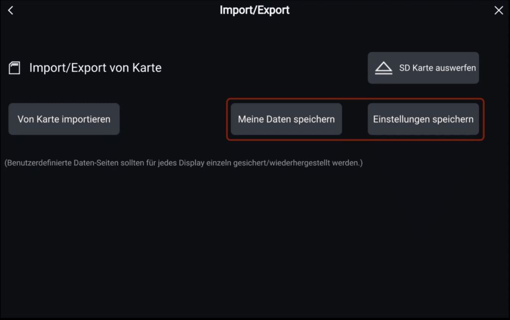Bildschirmaufnahme vom Raymarine AXIOM Kartenplotter, zeigt wie ein Back-Up der Daten und Einstellungen erstellt wird.